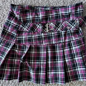 Plaid Pink & Black Pleated Mini Skirt with Eyelet Belt